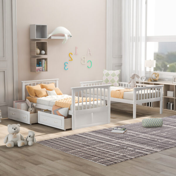 Twin over Twin Bunk Bed with Drawers, Convertible Beds, White(Old SKU: SM000240AAK-1)