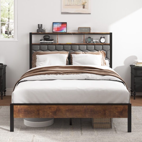 f9225689986d426faf683e04606736a0_571ea964b95764d14f220dd16580a128 Full size bed frame, wooden platform bed frame, bedside with soft package and 2 USBs, no noise, no need for spring mattress and simple assembly tools, large bed bottom storage space, brown