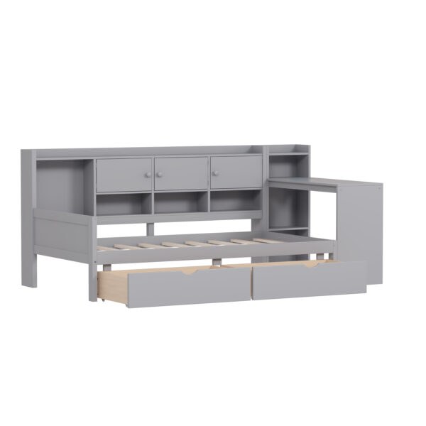 Twin Size Daybed with Storage 3 Cabinets and 2 Drawers, Wooden L-Shape Daybed Frame with Study Desk and Built-in Bookshelf, Multi-functional Bed for Bedroom Guest Room,Gray