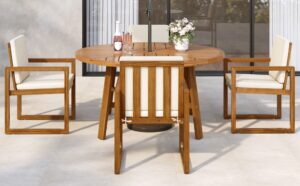 5-Piece Outdoor Patio Dining Set Acacia Wood Outdoor Dining Set Patio Furniture Set with Four  Armchairs and a Table for Garden, Balcony, Backyard, Beige