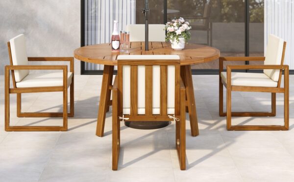 5-Piece Outdoor Patio Dining Set Acacia Wood Outdoor Dining Set Patio Furniture Set with Four  Armchairs and a Table for Garden, Balcony, Backyard, Beige