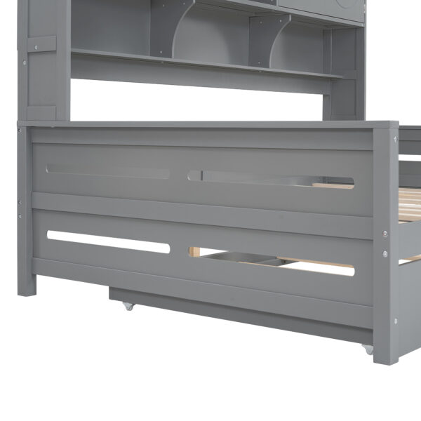Full Size Wooden Daybed With Twin Size Trundle, and All-in-One Cabinet and Shelf, Gray