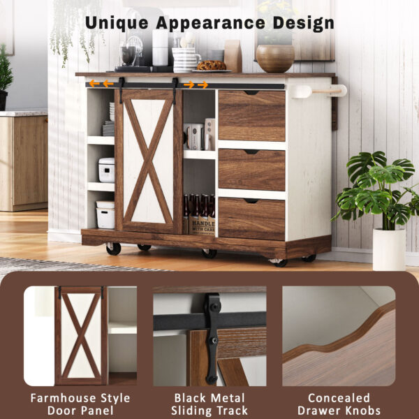 K&K 55.5" Farmhouse Kitchen Island with Drop Leaf, Kitchen Storage Island with Barn Door, Power Outlet, Rolling Kitchen Cart on Wheels with Spice Rack, for Home, Kitchen, Dining Room, White