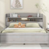 Wood Full Size Platform Bed with Built-in LED Light, Storage Headboard and Guardrail, Antique Grey