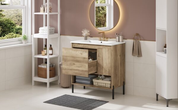 30" Modern Wood Fixture Bathroom Vanity, Bathroom Cabinet with Sliding Drawer, Bathroom Storage Cabinet with Ceramic Basin Sink Top, Single Bathroom Vanities Cabinet with Doors and Open Shelf