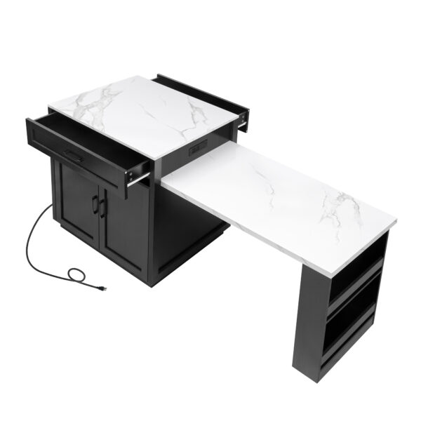 K&K 82.7 inch Kitchen Island with Extendable Dining Table for 4-6 Person,Faux Mable Kitchen Table with Double-sized Storage,Power Outlet,Kitchen island with Storage 2 Drawers 2 Side Open Shelves,Black