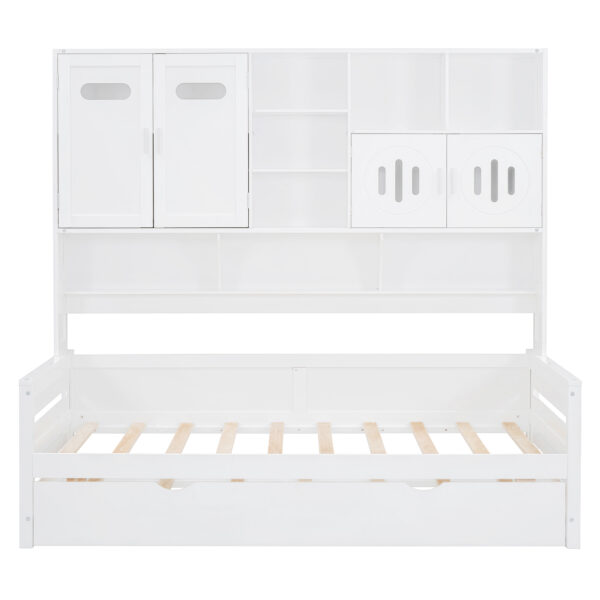 Twin Size Wooden Daybed With Twin Size Trundle, and All-in-One Cabinet and Shelf, White