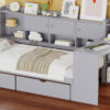 Twin Size Daybed with Storage 3 Cabinets and 2 Drawers, Wooden L-Shape Daybed Frame with Study Desk and Built-in Bookshelf, Multi-functional Bed for Bedroom Guest Room,Gray