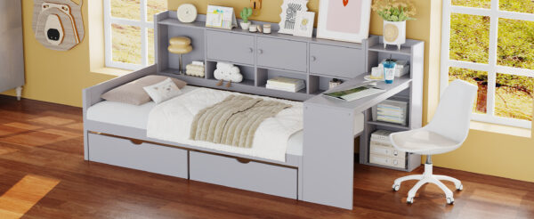 Twin Size Daybed with Storage 3 Cabinets and 2 Drawers, Wooden L-Shape Daybed Frame with Study Desk and Built-in Bookshelf, Multi-functional Bed for Bedroom Guest Room,Gray