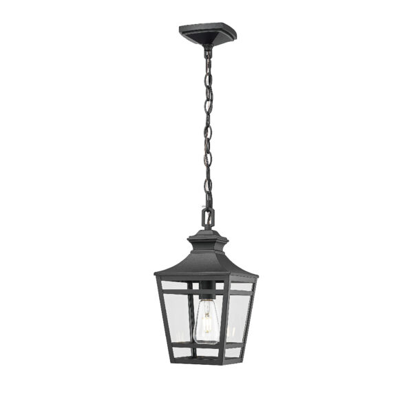 Outdoor Pendant Light E26 Socket, 14.5'' Modern Exterior Hanging Light Fixture with Clear Glass, Farmhouse Black Metal Outside Chandelier for Patio Front Porch Foyer Entryway (1 pack)