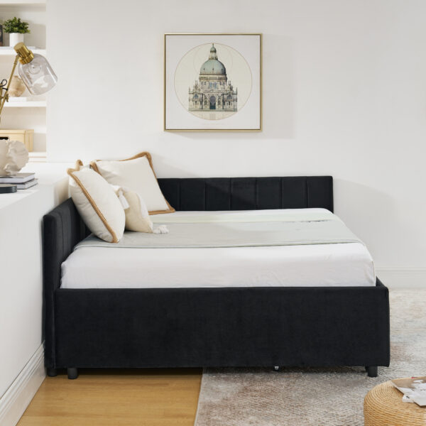 fdd58fefd1824eb6bc404e9826a47d87_83ee1ec20050aa0c57326331bf197287 Full Size Upholstered Tufted Bed Frame with Two Drawers, Sofa Bed Frame with Comfortable Backrest and Armrests, Velvet, Black(79.5''x58''x25'')