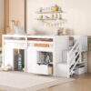 TWIN BED, SOLID WOOD TWIN SIZE LOW LOFT BED WITH STAIR, DRAWER, AND SHELF OF WHITE COLOR