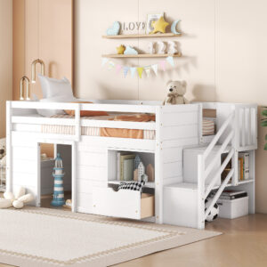 TWIN BED, SOLID WOOD TWIN SIZE LOW LOFT BED WITH STAIR, DRAWER, AND SHELF OF WHITE COLOR