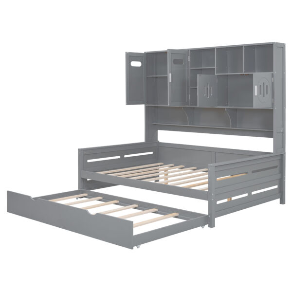 Full Size Wooden Daybed With Twin Size Trundle, and All-in-One Cabinet and Shelf, Gray
