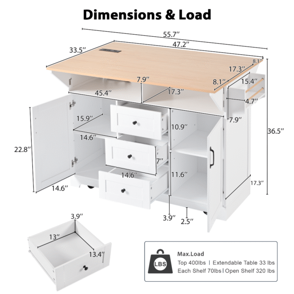 K&K 55.7'' Large Kitchen Island with 2 Drop Leaf,, Rolling Kitchen Cart on 5 Wheels with Power Outlet, Folding Storage Dining Table with Spice & Towel Rack , 3 Drawers, for Kitchen, Dining Room,White