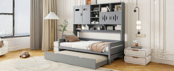 Twin Size Wooden Daybed With Twin Size Trundle, and All-in-One Cabinet and Shelf, Gray
